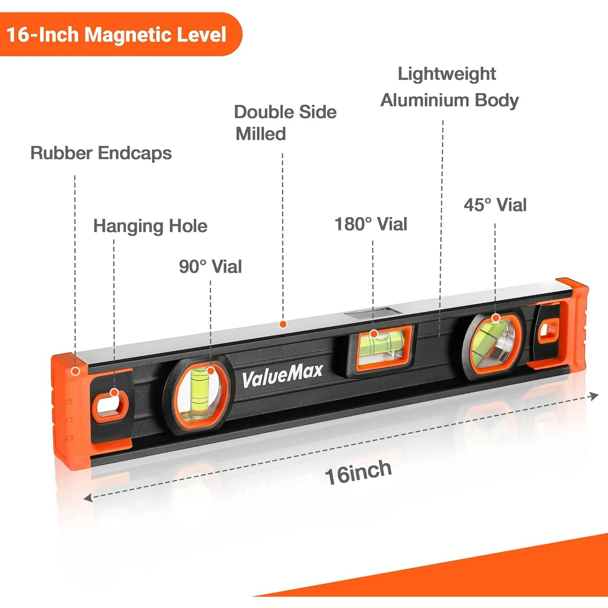 ValueMax 16-Inch Torpedo Level, Magnetic Leveler Tool with 3 High-visibility Bubbles 45°/90°/180°, Overhead Viewing Window, Rubber Endcaps, Aluminium Body, Bubble Level for Home Outdoor Measurements (W)