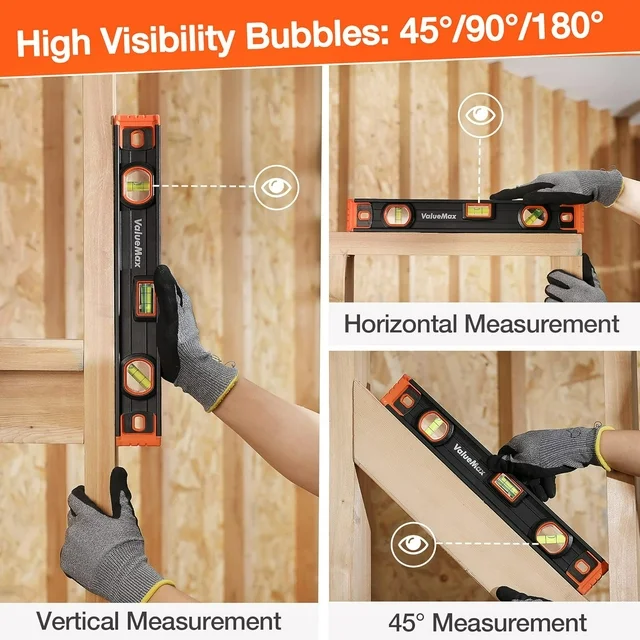 ValueMax 16-Inch Torpedo Level, Magnetic Leveler Tool with 3 High-visibility Bubbles 45°/90°/180°, Overhead Viewing Window, Rubber Endcaps, Aluminium Body, Bubble Level for Home Outdoor Measurements (W)