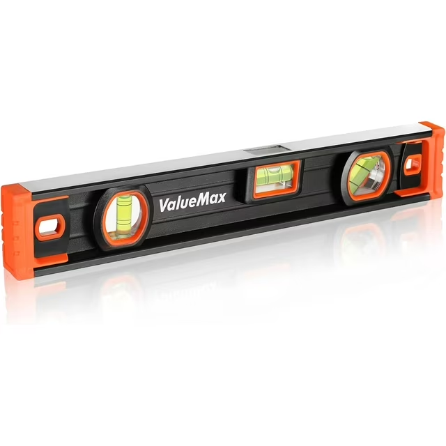 ValueMax 16-Inch Torpedo Level, Magnetic Leveler Tool with 3 High-visibility Bubbles 45°/90°/180°, Overhead Viewing Window, Rubber Endcaps, Aluminium Body, Bubble Level for Home Outdoor Measurements (W)