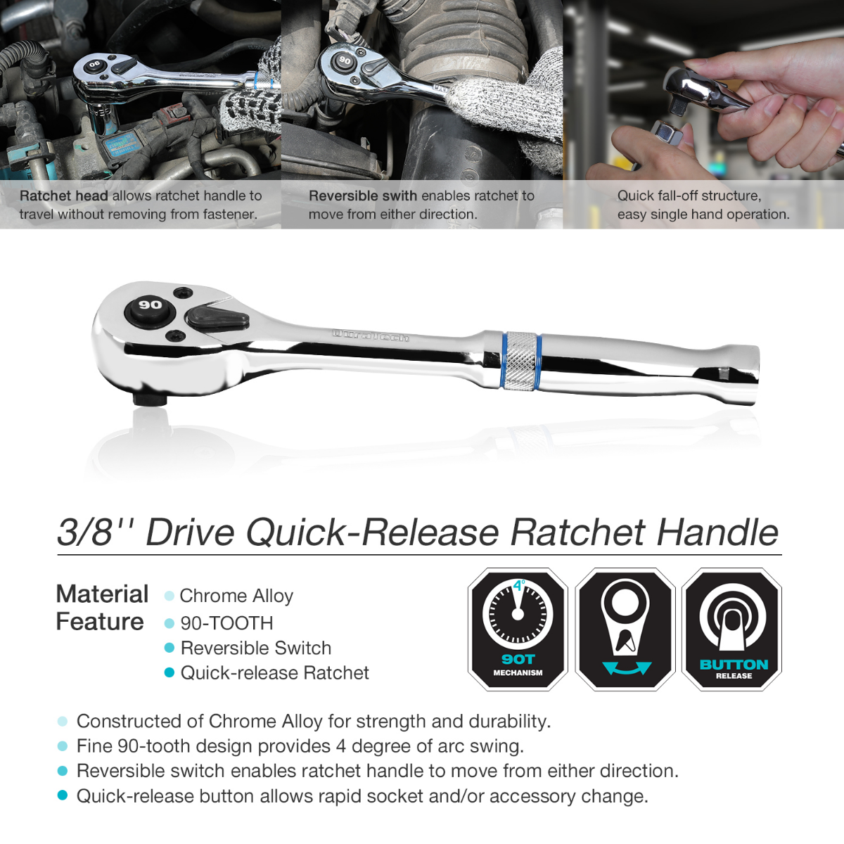 DURATECH 1/2, 1/4, 3/8-Inch Drive Socket Wrench, 90-Tooth Quick-release Ratchet Wrench