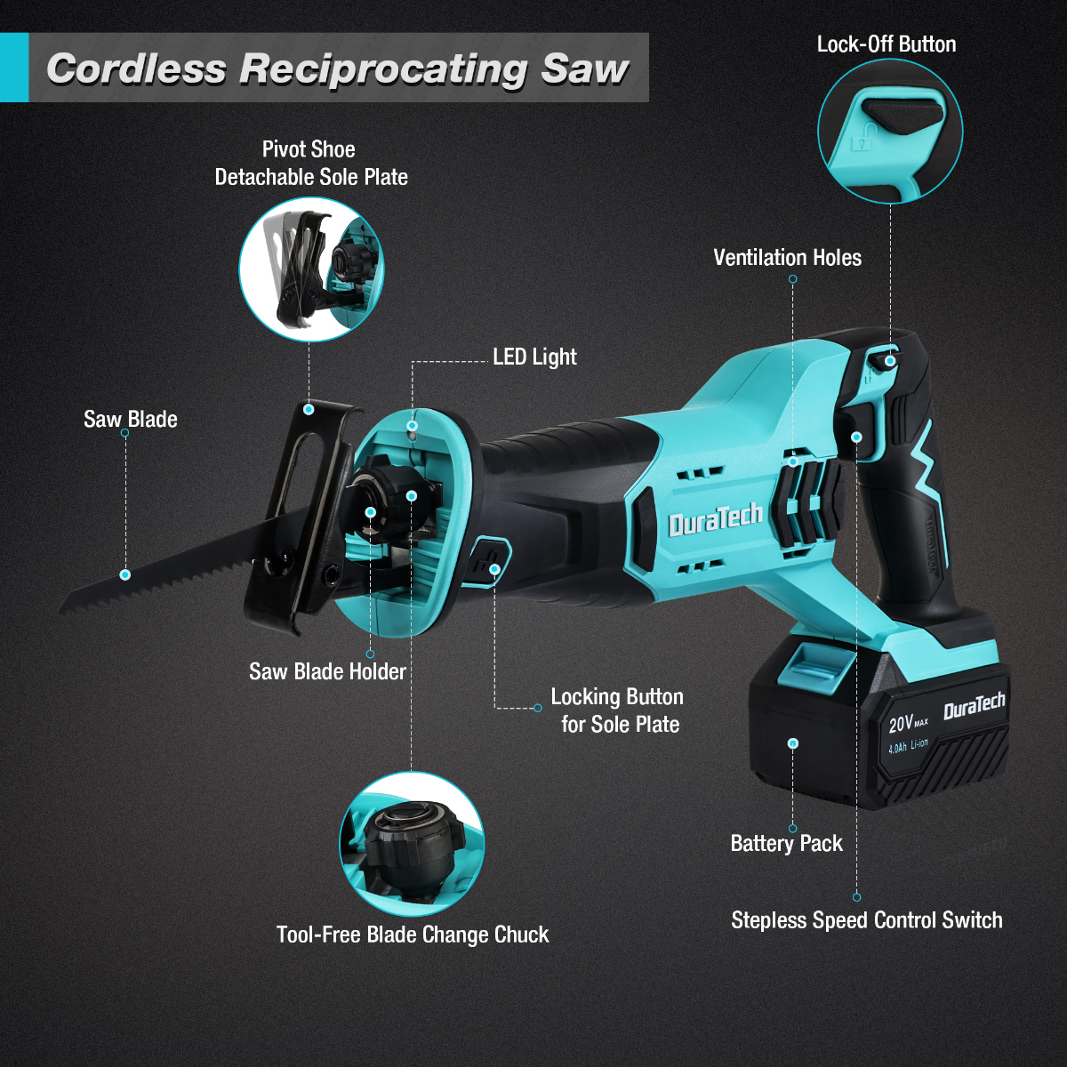 DURATECH 20V Cordless Reciprocating Saw