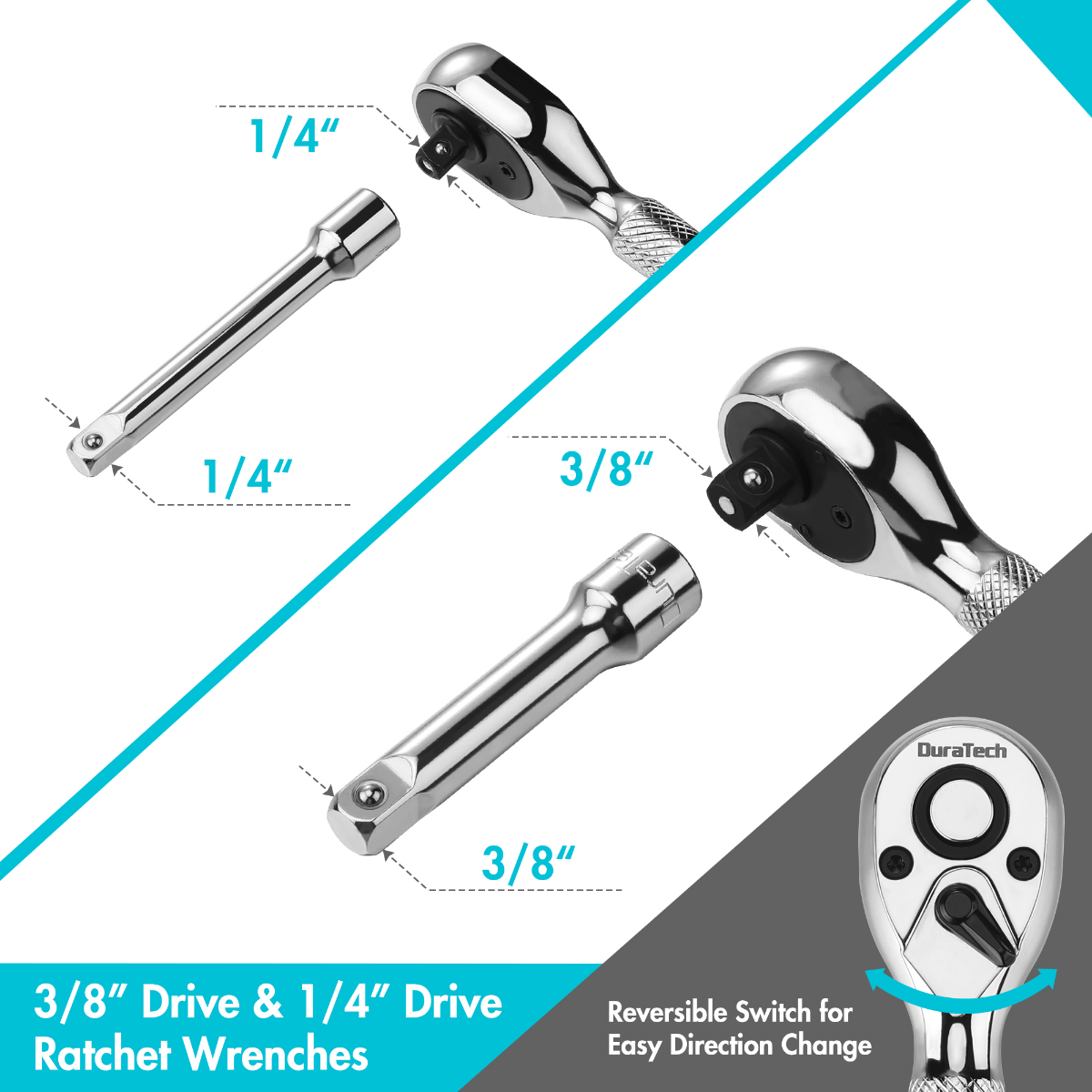 DURATECH 3/8" and 1/4” Socket Wrench with 2 Extension Bars