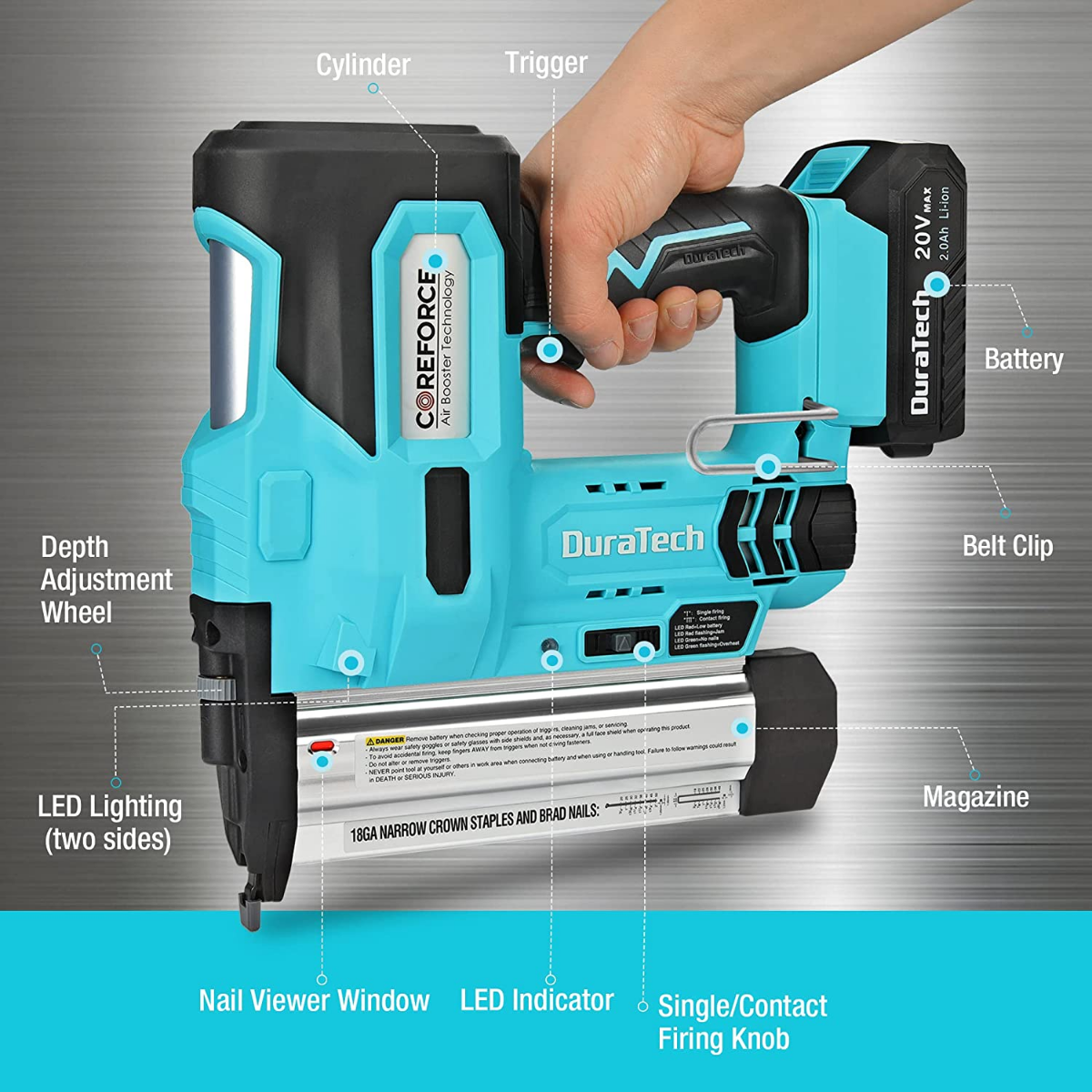 DURATECH 20V Cordless 18 Gauge 2 IN 1 Cordless Brad Nailer