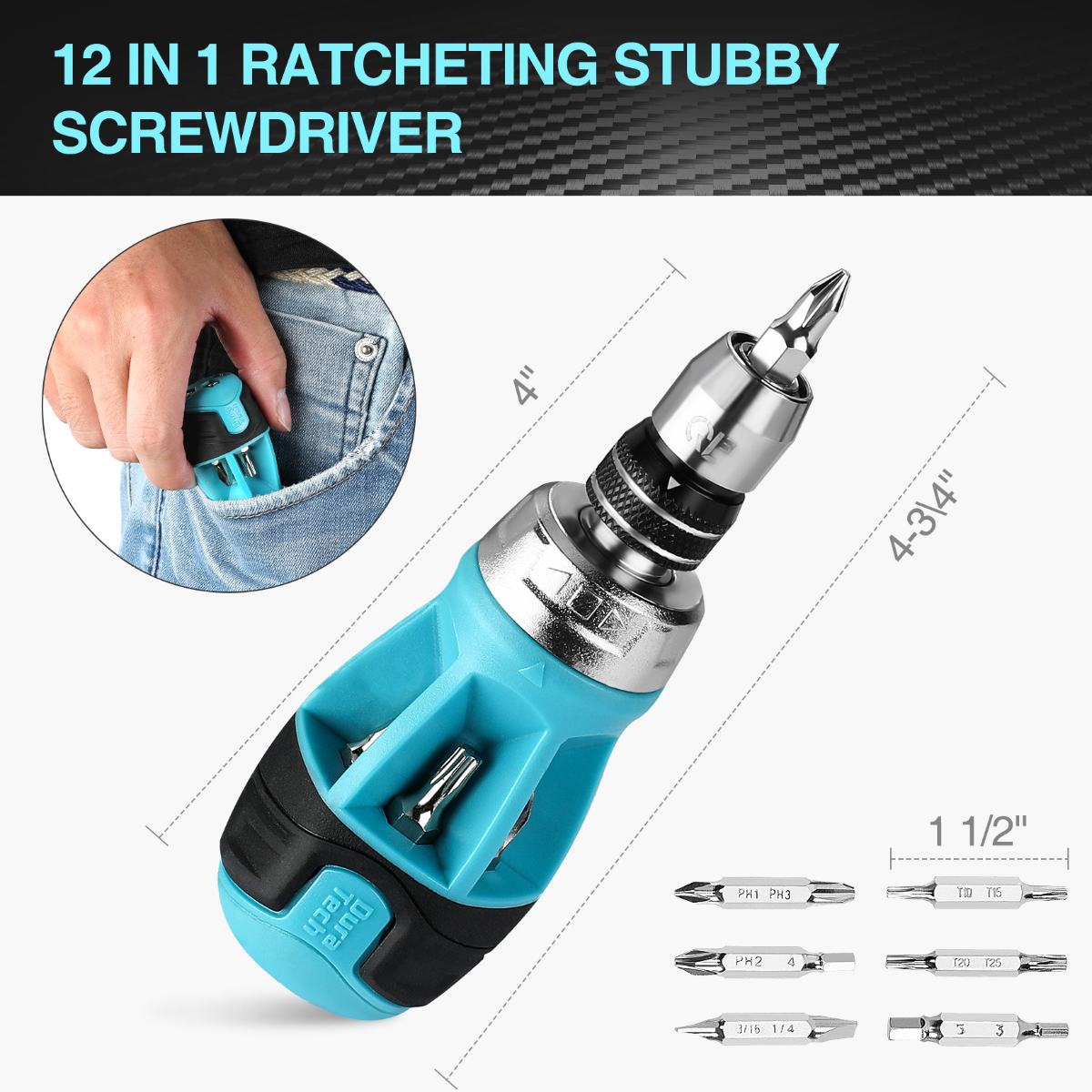 DURATECH 12-in-1 Multi-bit Short Stubby Ratcheting Screwdriver