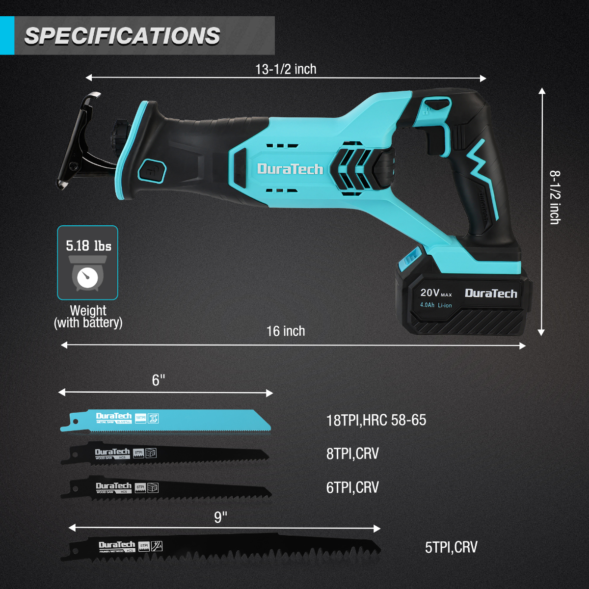 DURATECH 20V Cordless Reciprocating Saw