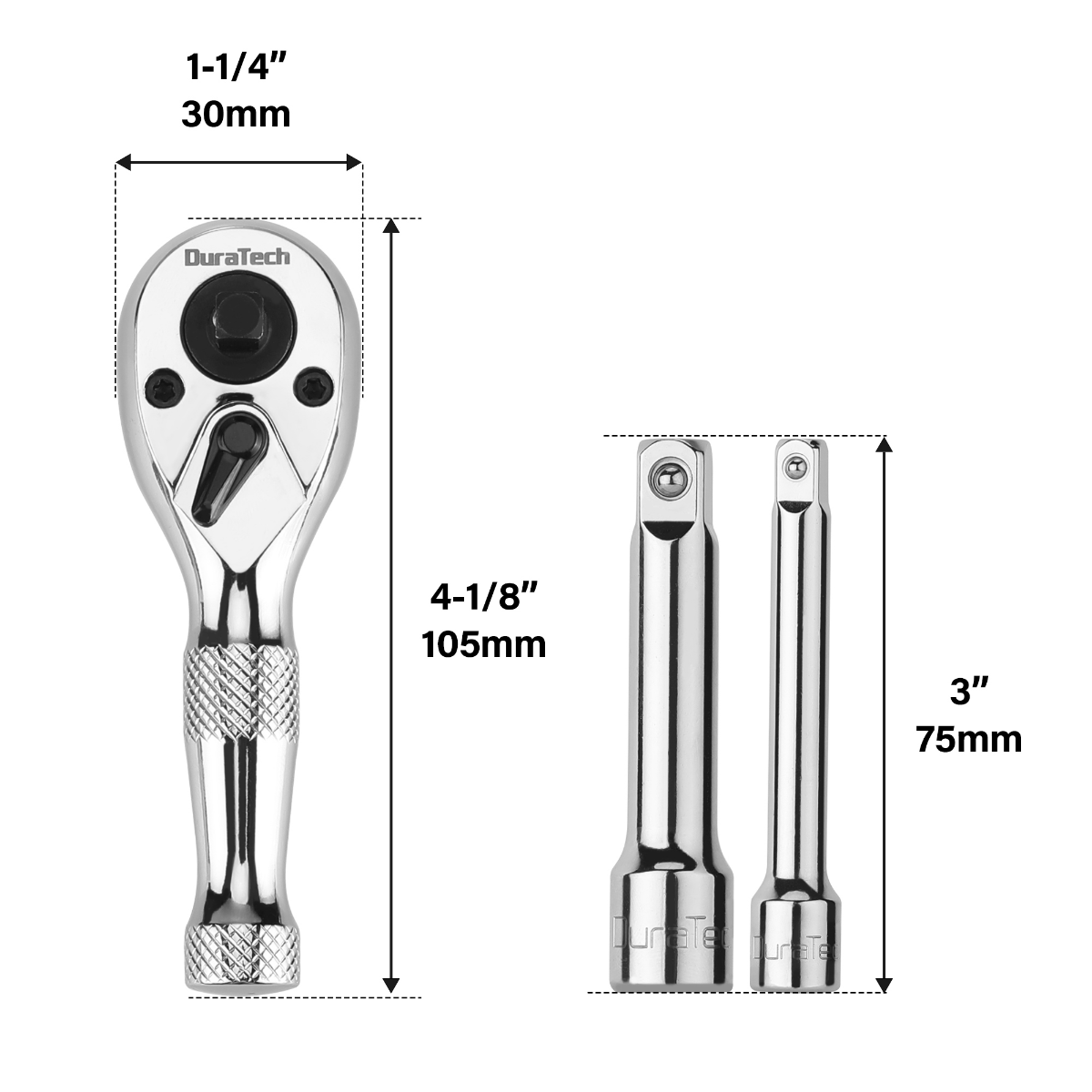 DURATECH 3/8" & 1/4” Dual Head Socket Wrench with 2 Extension Bars